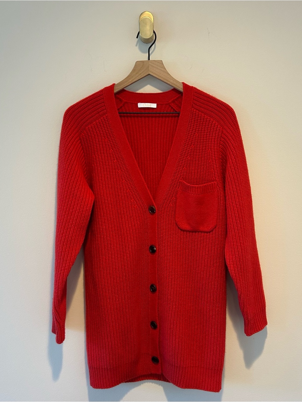 Chloe Red 100% Cashmere V-Neck Button Front Cardigan Sweater Size XS Oversized
